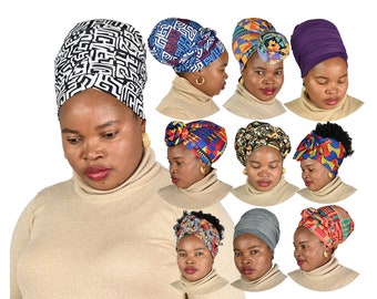 PRE-TIED TUBEWRAP Pre-tIed Flexible Head Covering Chemo Cap Chemo Gift Boho Chic African Print Headwrap Satin Lined LongTube Multiway Scarf