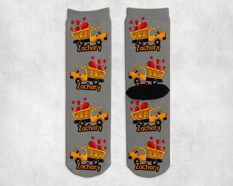 Personalized Kids Socks, Boy Truck Socks, Construction Truck Valentine Present For Kids, Construction Truck Valentines Socks For Kids image 1