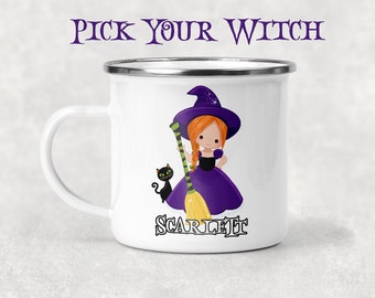 Personalized Kids Mug,  Halloween Enamel Mug, Personalized Halloween Gift for Kids, Halloween cup for kids, Witch Cup For Girls
