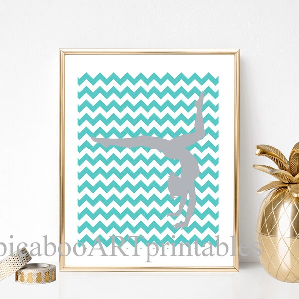 Gymnastics wall art, little gymnast, printable art, gymnast girl room decor, gymnast gift idea, shades of teal aqua and turquoise, chevron