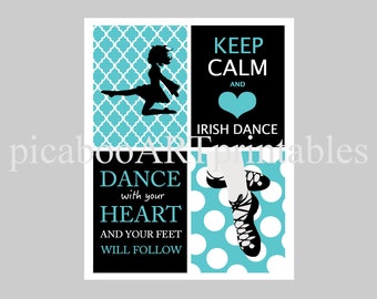 Arte de pared de danza irlandesa, arte irlandés, bailarín irlandés, ghillies, arte imprimible, collage imprimible, bailarín, cartel de danza irlandesa, archivo JPEG solamente, aqua