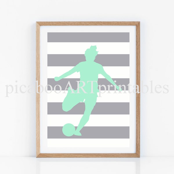 Mint green and gray room decor, soccer wall art, female soccer, athlete gift idea, tween girl gift idea, tween wall art, instant download