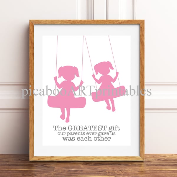 Twin girls wall art, sisters art, twin sisters, twins nursery decor, shared nurser, kids shared room wall art, instant download, printable