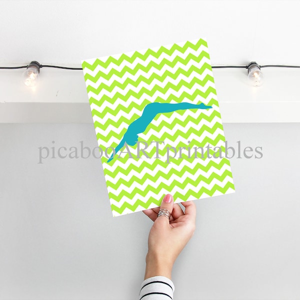 Lime green kids room, lime and teal, chevron art, swimming, swim art, printable, instant download, digital download, girl swimmer, swim team