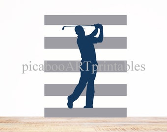 Printable art, golfer, golf art, golf wall decor, boys navy and gray room decor, sports art, dorm poster, boys art, instant download