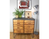 SOLD SOLD Upcycled Wood Industrial Chest Of Drawers With Steel Hairpin Legs And Liberty London Drawer Lining.