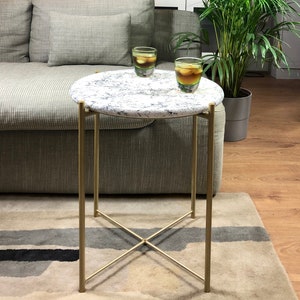 Sold Sold Upcycled Marble Effect Small Round Coffee / Cocktail / Console Table With Painted Wood Top With Metallic Matt old Gold Legs
