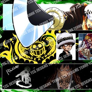 Tapis de jeu personnalisé Trafalgar Law GY/RG/RP One Piece TCG pour le leader du jeu de cartes à collectionner One Piece Trafalgar D Water Law Bord cousu Green Yellow Law