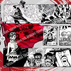 Puede incluir: Un collage de paneles de manga en blanco, negro y rojo. La imagen central presenta a una mujer con gafas y una bandera roja. Otros paneles muestran escenas de acci&oacute;n y personajes. El texto incluye "KARASU" y "TERRA TCG DESIGNS TERRA".