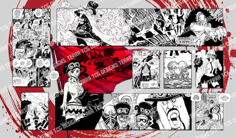 Puede incluir: Un collage de paneles de manga en blanco, negro y rojo. La imagen central presenta a una mujer con gafas y una bandera roja. Otros paneles muestran escenas de acci&oacute;n y personajes. El texto incluye "KARASU" y "TERRA TCG DESIGNS TERRA".