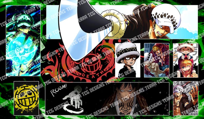 Tapis de jeu personnalisé Trafalgar Law GY/RG/RP One Piece TCG pour le leader du jeu de cartes à collectionner One Piece Trafalgar D Water Law Bord cousu Red Green Law