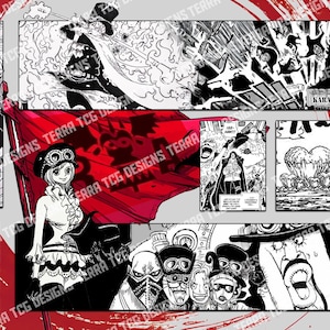 Puede incluir: Ilustraci&oacute;n estilo manga en blanco y negro, con una bandera roja y varios personajes. La imagen se compone de m&uacute;ltiples paneles, cada uno con ilustraciones detalladas y bocadillos de texto, creando una narrativa din&aacute;mica.