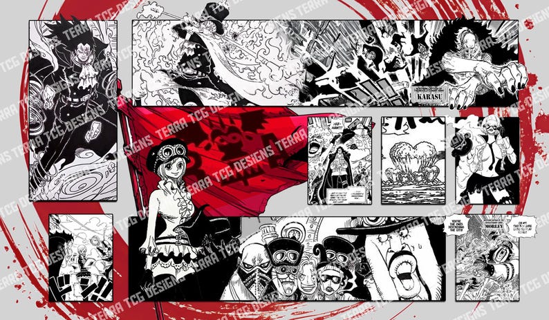 Puede incluir: Ilustraci&oacute;n estilo manga en blanco y negro, con una bandera roja y varios personajes. La imagen se compone de m&uacute;ltiples paneles, cada uno con ilustraciones detalladas y bocadillos de texto, creando una narrativa din&aacute;mica.