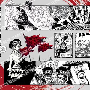 Puede incluir: Paneles de manga en blanco y negro con detalles en rojo. La imagen presenta varias escenas, incluyendo personajes, banderas y secuencias de acci&oacute;n. Se ven bocadillos de texto y nombres de personajes.