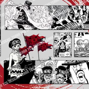 Puede incluir: Paneles de c&oacute;mic de estilo manga en blanco, negro y rojo. Los paneles muestran varios personajes y escenas de acci&oacute;n. El texto incluye "KARASU" y "TERRA TCG DESIGNS".