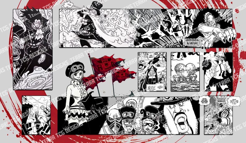 Puede incluir: Paneles de c&oacute;mic de estilo manga en blanco, negro y rojo. Los paneles muestran varios personajes y escenas de acci&oacute;n. El texto incluye "KARASU" y "TERRA TCG DESIGNS".