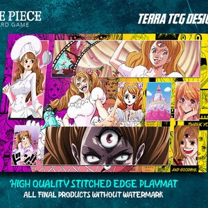 Charlotte pudim de uma peça tcg personalizado playmat design para o líder do jogo de cartas de negociação de uma peça charlotte pudim borda costurada op08
