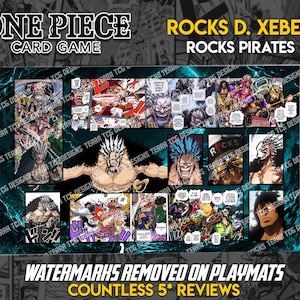 May include: A rectangular playmat featuring a collage of manga panels depicting Rocks D. Xebec and the Rocks Pirates from One Piece. The design includes various character illustrations, action scenes, and text bubbles set against a dark blue background.