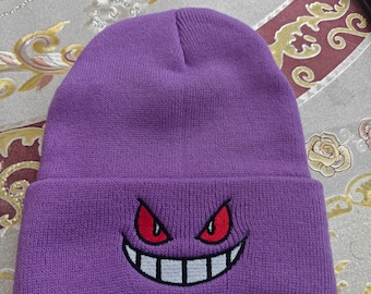 Gengar Inspired Purple Beanie – Anime Ghost Knit Hat – Embroidered Streetwear Skull Cap – Unisex Winter Cuffed Beanie – Gamer Gift