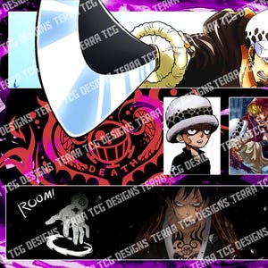 Tapis de jeu personnalisé Trafalgar Law GY/RG/RP One Piece TCG pour le leader du jeu de cartes à collectionner One Piece Trafalgar D Water Law Bord cousu Red Purple Law