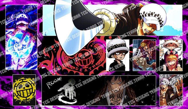 Tapis de jeu personnalisé Trafalgar Law GY/RG/RP One Piece TCG pour le leader du jeu de cartes à collectionner One Piece Trafalgar D Water Law Bord cousu Red Purple Law