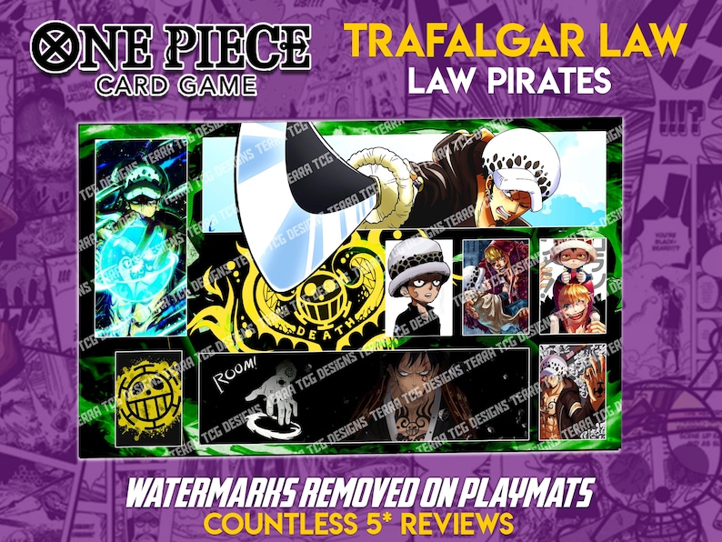 Tapis de jeu personnalisé Trafalgar Law GY/RG/RP One Piece TCG pour le leader du jeu de cartes à collectionner One Piece Trafalgar D Water Law Bord cousu image 1