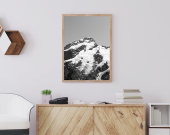 Mountain Art Print, Black White Wall Art, Mountain Poster, Landscape Print, Snow Mountain Art, Descarga instantánea