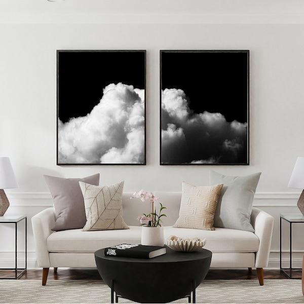 Cloud Print Set of 2, Black and White Art Print, Printable Wall Art Abstract