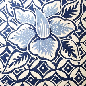 May include: Blue and white floral fabric with a repeating pattern of flowers and geometric shapes.