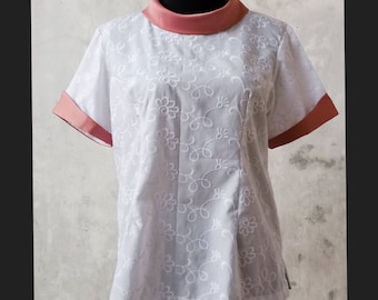 White Blouse/ Rolled collar blouse/ embroider white blouse.