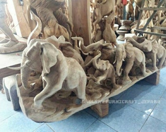 Relieve de elefantes de madera/Escultura de elefantes de madera maciza de suar/estatuas de elefantes de madera/relieve de elefantes