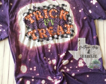 Adult Trick or Treat Spider Web Bleached Shirt Halloween Fall