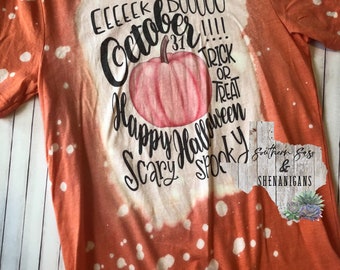 Adult Pumpkin Halloween Typography Bleached Shirt Halloween Fall