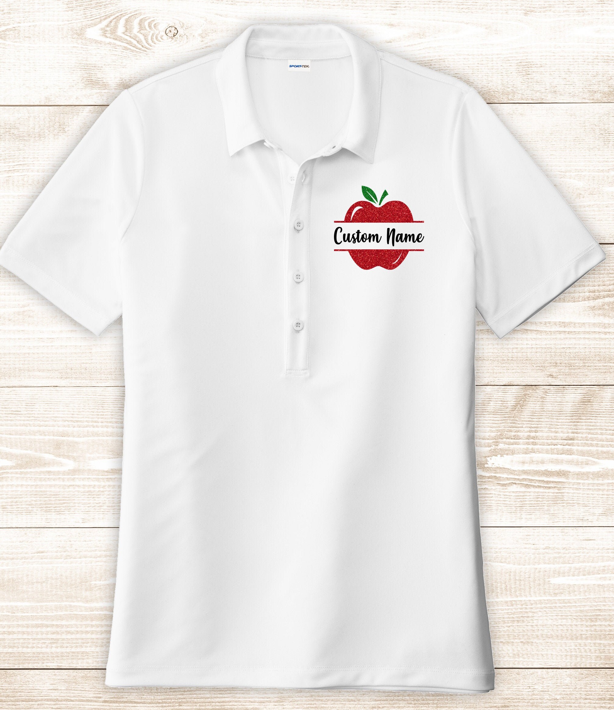 Glitter Apple Teacher with your Name/Text Polo Dri-Fit 100% polyester