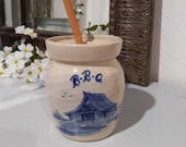 Paul Storie Pottery BBQ Crock w Lid and Brush Mini Butter Churn Marshall TX Delft Blue Barn