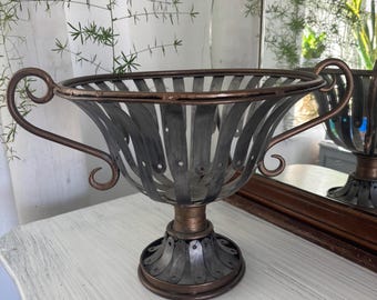 Heavy Duty Vintage Metal Pedestal Bowl – 6 lb Decorative Centerpiece Fruit Basket with Scroll Handles