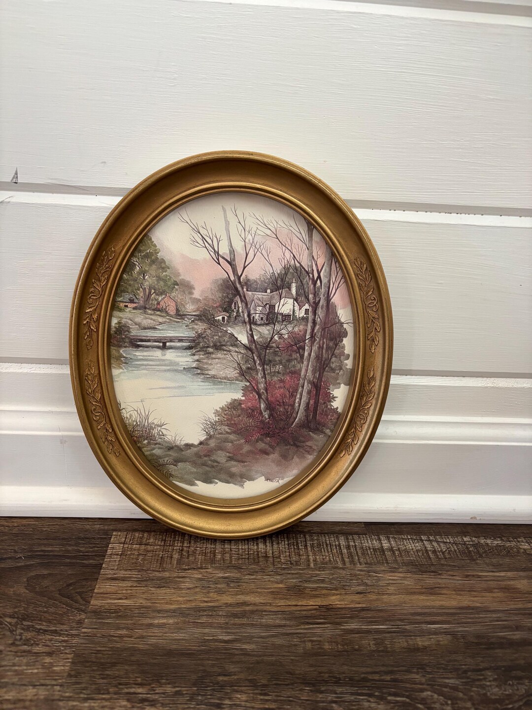 Vintage Cottage Landscape Print | Oval Gold Floral Frame, Homco USA - Etsy