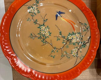 Vintage Gold Castle Hand Painted Plate – Made in Japan – Bird & Blossom Design – Mid Century Porcelain - Set of 6 Orange Plates