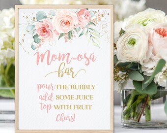 Blush Pink Floral Mimosa Bar Sign Printable, Momosa Sign, Floral Baby Shower Decor, Girl Baby Shower Sign, Instant Download