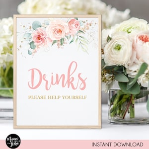 Printable Blush Pink Floral Drinks Sign, Drink Sign for Baby Shower, Girl Baby Shower, Instant Download, Boho Baby Shower , PB1