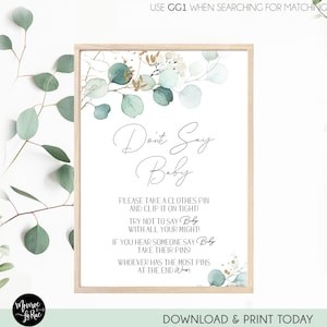 Greenery Don&#39;t Say Baby Printable Sign, Clothes Pin Baby Shower, Baby Shower Game, Greenery Decorations, Green Foliage Table Sign, GG1