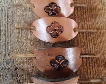 SMALL, 3 Inch Leather Stick Barrette with Shell Stamp Design
