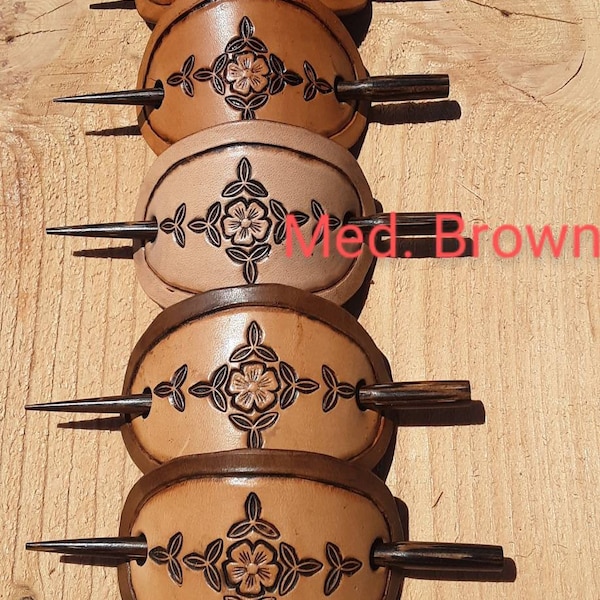 LEATHER, Oval Stick Barrette with Flower Design in 3 Color Options