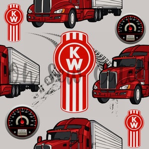 May include: A seamless pattern featuring red semi-trucks with white trailers, a red and white KW logo, and a black and white speedometer with the text "123.4 123456" on a gray background.