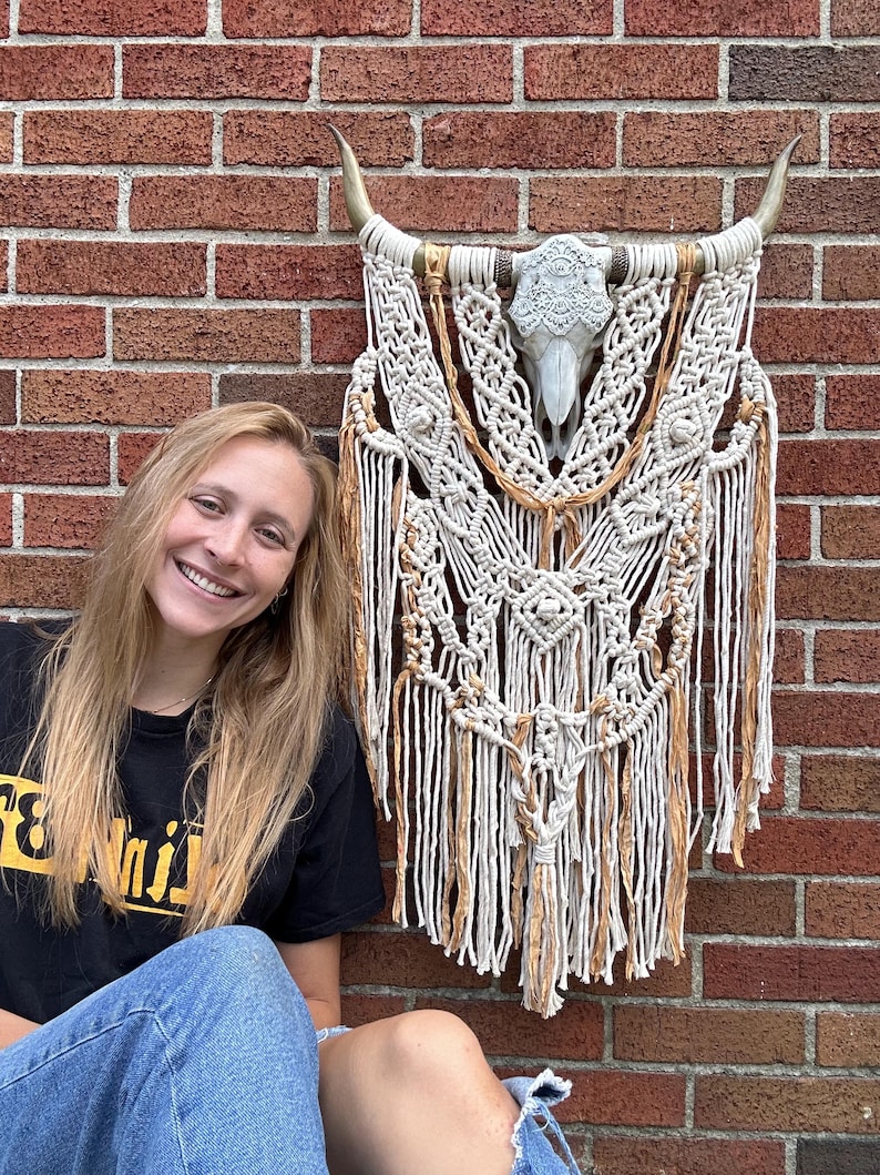 Odetta- Large Cow Skull Macrame Wall Hanging - Etsy