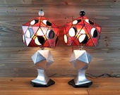 Pair of Mid Century Modern Lamps - One of a Kind Cubist Art, Stained Glass Shade Vintage FREE SHIPPING