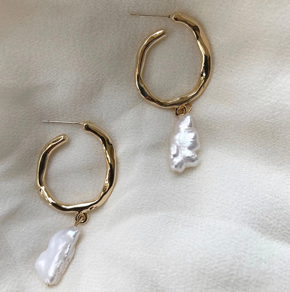 Long Fresh water pearl gold hoop earrings Baroque pearl | Etsy