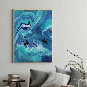 May include: Abstract painting of swirling blue and green colors with two black shark silhouettes swimming in the center of the canvas.