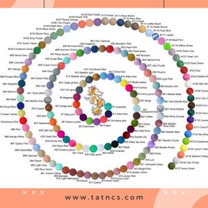 May include: A colour chart featuring a spiral of numbered colour swatches, from dark purple to army green. The chart includes a seahorse logo and the website address www.tatncs.com.