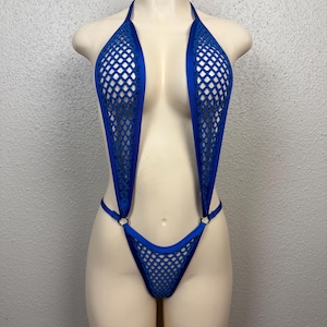 May include: A blue, open-weave bodysuit with a halter neck and a thong back. The garment features a diamond-shaped mesh design and is displayed on a mannequin. The bodysuit has a minimalist design with thin straps and metal ring accents.